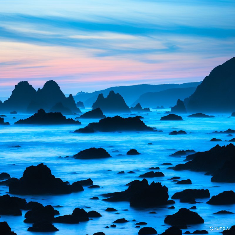 #Bing_WallpaperA mesmerizing coastal scene at twilight in Sonoma Coast State Park, California. The rugged shoreline is adorned with jagged, dark rock formations emerging from the serene ocean, creating a dramatic silhouette against the soft glow of dusk. The sky is a canvas of gentle blues and purples, with wisps of clouds painted in subtle shades of peach and pink, hinting at the day's end. The ocean is calm yet vibrant, with a misty haze enveloping the scene, adding depth and mystery. The overall composition captures the tranquil yet majestic essence of the tidal landscape, evoking a sense of peace and wonder. The image is rich in color and texture, embodying an impressionistic, almost ethereal style that highlights the natural beauty and dynamic interplay of light and shadow.加州索诺马海岸州立公园黄昏时分迷人的海岸景象