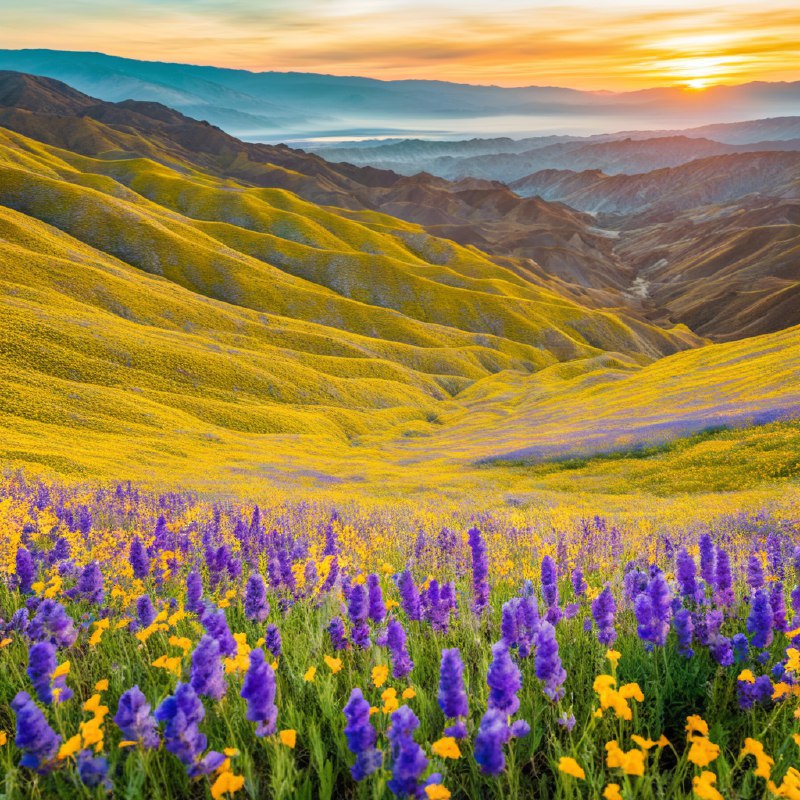 #Bing_Wallpaper“在美国加利福尼亚的卡里佐平原国家纪念碑上，罕见的超级花海盛开，绚丽的野花如海洋般覆盖了起伏的山丘