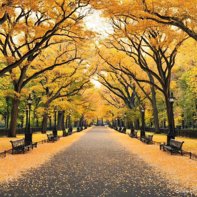 秋天的中央公园，绿树成荫，小径上铺满了金黄的落叶，两旁的长椅上坐满了人，气氛宁静而温馨