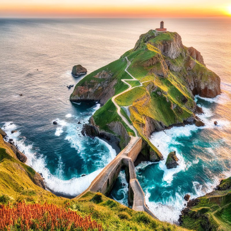 #Bing_Wallpaper在西班牙巴斯克地区，日落时分的加斯特卢加特谢岛展现出令人叹为观止的景色