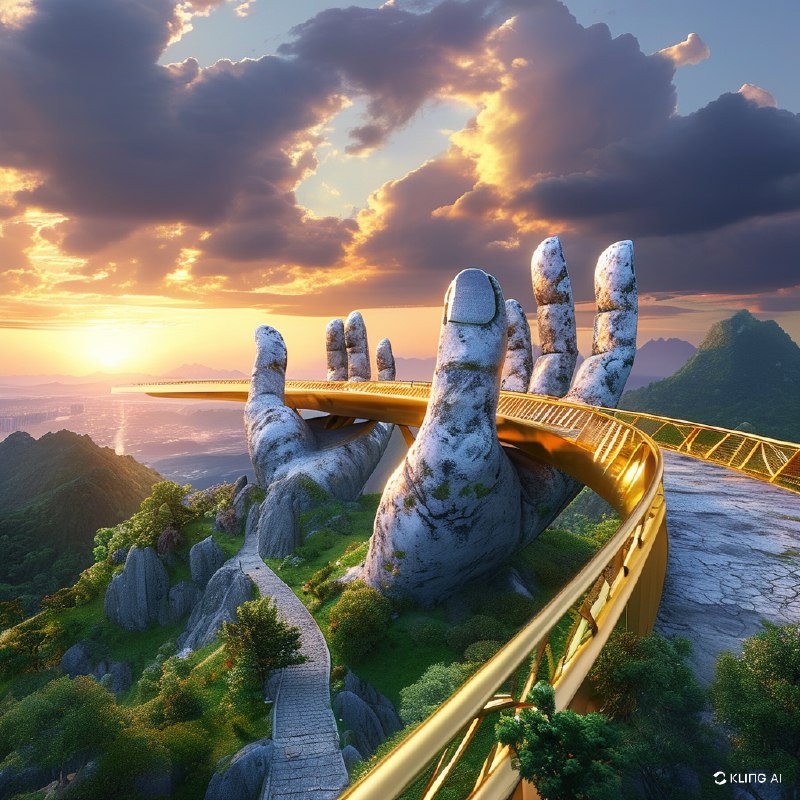 #Bing_Wallpaper“雄伟的金色桥梁由巨大的石手高高托起，优雅地矗立在越南巴拿山郁郁葱葱的绿意之间，俯瞰令人赞叹的地平线