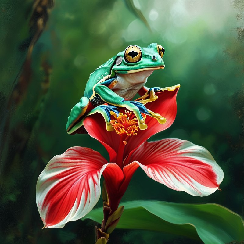 #Bing_Wallpaper一只充满活力的哥斯达黎加树蛙栖息在一朵鲜艳的红色螺旋姜花上，它那鲜亮的绿色身体和炯炯有神的金色眼睛散发着生机勃勃的光彩