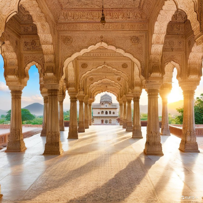 #Bing_Wallpaper精巧的建筑奇迹，位于印度拉贾斯坦邦琥珀堡的Sattais Katcheri，展示了宏伟的拱门，上面有精美的花卉和几何雕刻，坐落在优雅雕刻的柱子之间