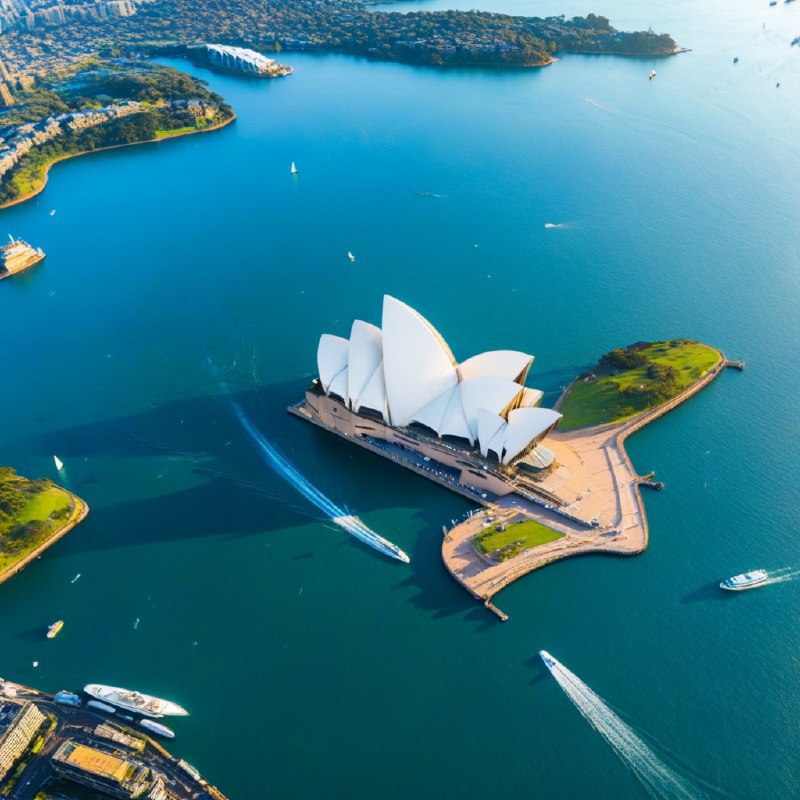 #Bing_Wallpaper"一幅令人叹为观止的悉尼港鸟瞰图，展示了位于澳大利亚新南威尔士州的标志性建筑悉尼歌剧院和海港大桥沐浴在黄昏的金色光辉中