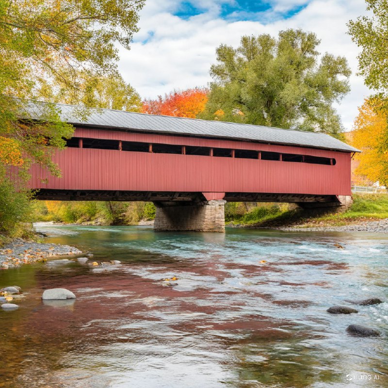这是一幅风景如画的画面，一座历史悠久的有顶桥梁横跨宁静的河流，周围是生机勃勃的秋叶，展现了大自然的美丽、温暖的色调、宁静的氛围、晴朗的天空、水面上的倒影、风景摄影、乡村魅力、遗产建筑
