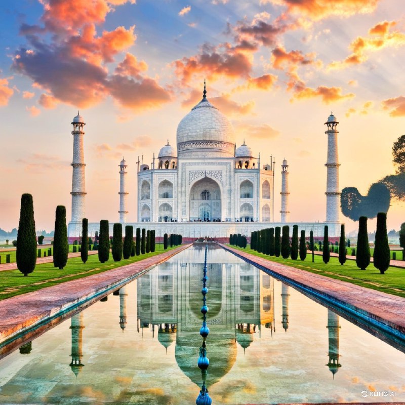 印度泰姬陵日出时的壮丽景色，周围是郁郁葱葱的花园和倒影池，天空生机勃勃