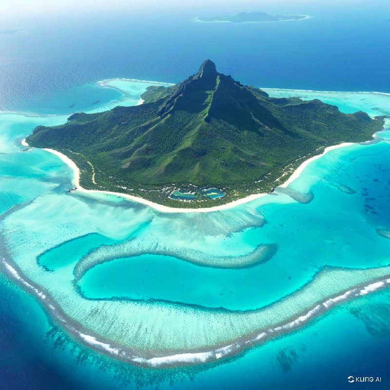 法属波利尼西亚波拉波拉岛鸟瞰图，展示了一个郁郁葱葱的绿色岛屿，四周环绕着清澈的绿松石泻湖和珊瑚礁