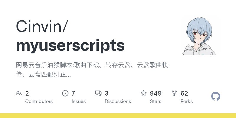 GitHub - Cinvin/myuserscripts: 网易云音乐油猴脚本:歌曲下载、转存云盘、云盘歌曲快传、云盘匹配纠正...