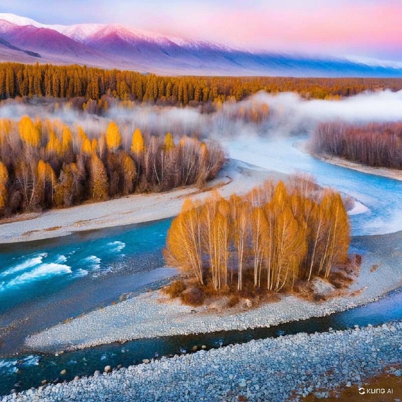 中国新疆禾木村的秋景令人叹为观止，色彩鲜艳，河岸两旁的树木金黄，河水宁静，雾气缭绕，柔和的粉紫色天空，自然之美，景色静谧