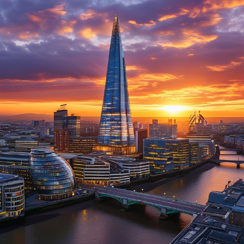 #Bing_Wallpaper“日落时分，伦敦的壮丽城市景观令人心生敬畏，以耸立在天际线上的碎片大厦（The Shard）为焦点
