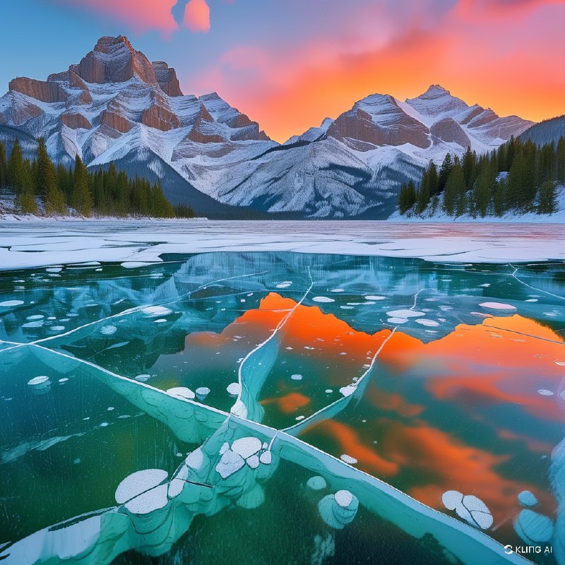 #Bing_Wallpaper“一幅令人叹为观止的冬季景观，展现了加拿大阿尔伯塔省亚伯拉罕湖的美景：一片广阔的松石色冰面上，悬浮着透明的白色甲烷气泡，这些气泡冻结成了错落有致的层次，层叠在冰面之下