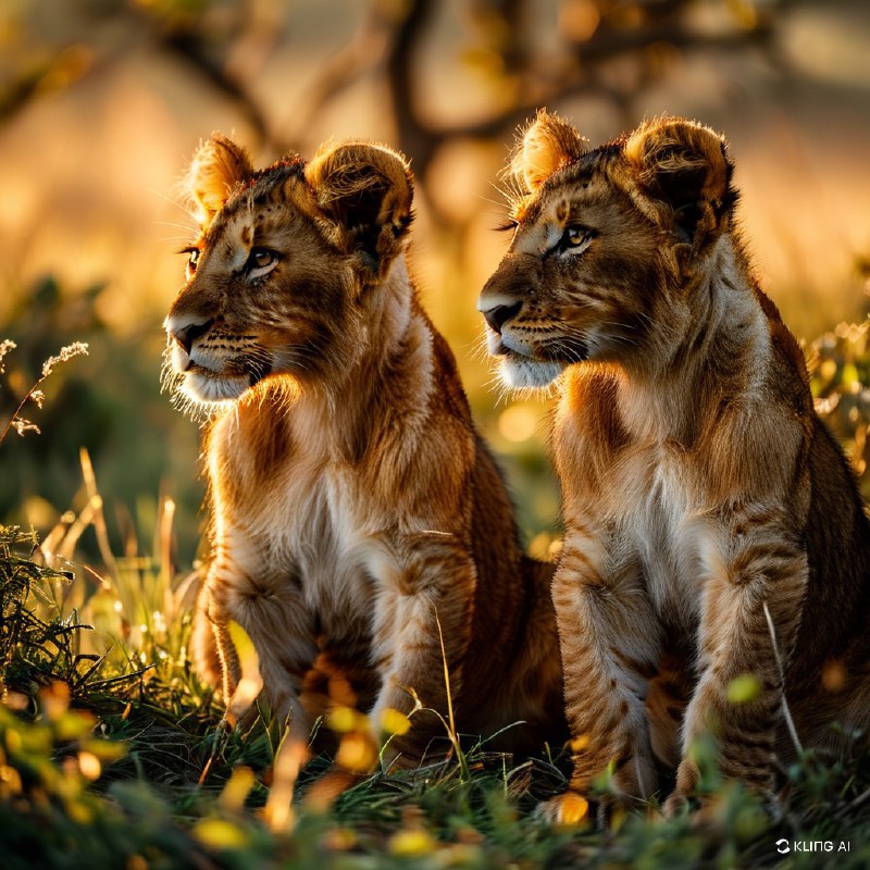 #Bing_Wallpaper日出时分，南非的两只小狮子坐在草地上，眺望远方