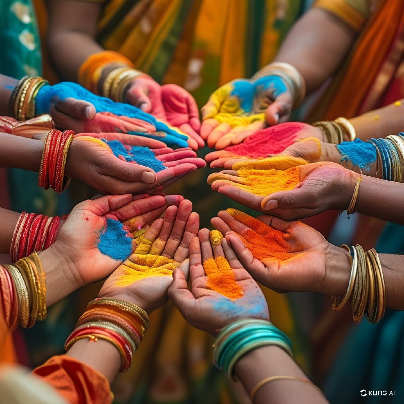 #Bing_Wallpaper在印度斋浦尔热烈庆祝的洒红节，色彩斑斓的粉末洒满双手和衣服，象征着欢乐与团结