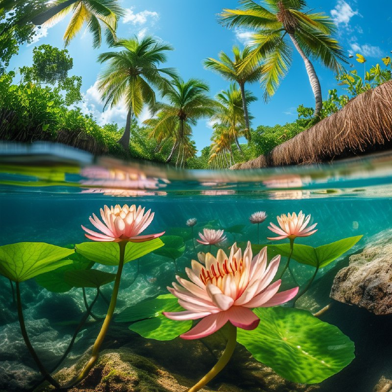 #Bing_Wallpaper“这是一幅迷人的水下视角画面，展现了墨西哥图卢姆一处天然天坑的景象，被热带绿洲的精致倒影所环绕点缀