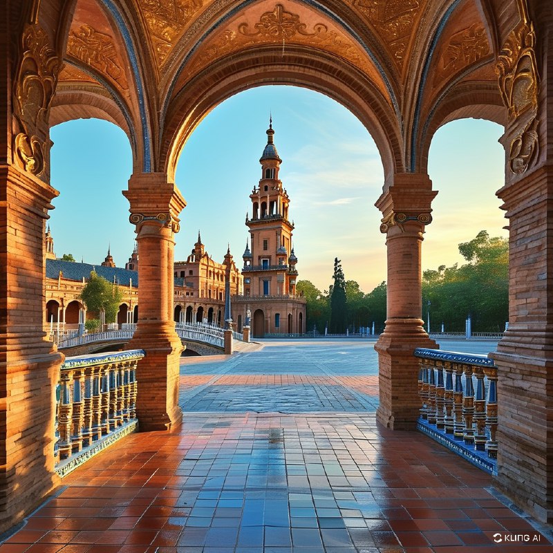 #Bing_Wallpaper受到西班牙塞维利亚西班牙广场启发的宏伟建筑场景，被重新构想为一个充满活力的外星行星——纳布星