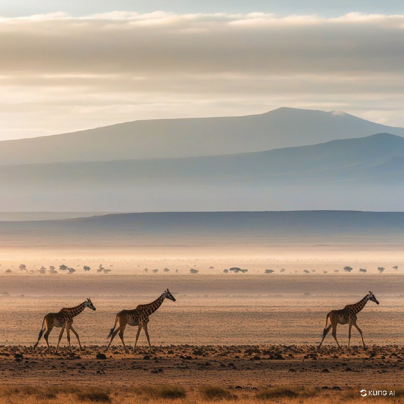 #Bing_WallpaperWide landscape of Amboseli National Park, Kenya, featuring a group of Maasai giraffes gracefully walking across the savannah. The scene is bathed in soft, golden light, highlighting the dry grass and sparse vegetation. In the background, misty hills stretch across a vast horizon under a dramatic, overcast sky. The image draws on a warm, earthy color palette with textures of grass and distant trees. Art style is realistic with intricate details, capturing the essence of the African wild and its majestic wildlife.肯尼亚安博塞利国家公园的辽阔景观，展现了一群优雅漫步于稀树草原的马赛长颈鹿