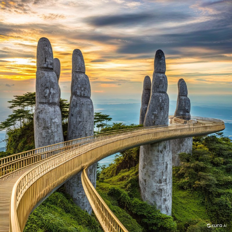 #Bing_Wallpaper“雄伟的金色桥梁由巨大的石手高高托起，优雅地矗立在越南巴拿山郁郁葱葱的绿意之间，俯瞰令人赞叹的地平线