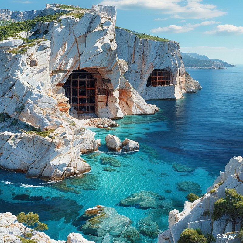 #Bing_Wallpaper“在意大利撒丁岛苏尔基斯-伊格莱西恩特地区的弗拉维亚港，一座雄伟的海岸悬崖展现出戏剧性的石灰岩峭壁，峭壁中镶嵌着一座神秘且古老的工业建筑，隐匿于巨大的白色与赭色石块之中