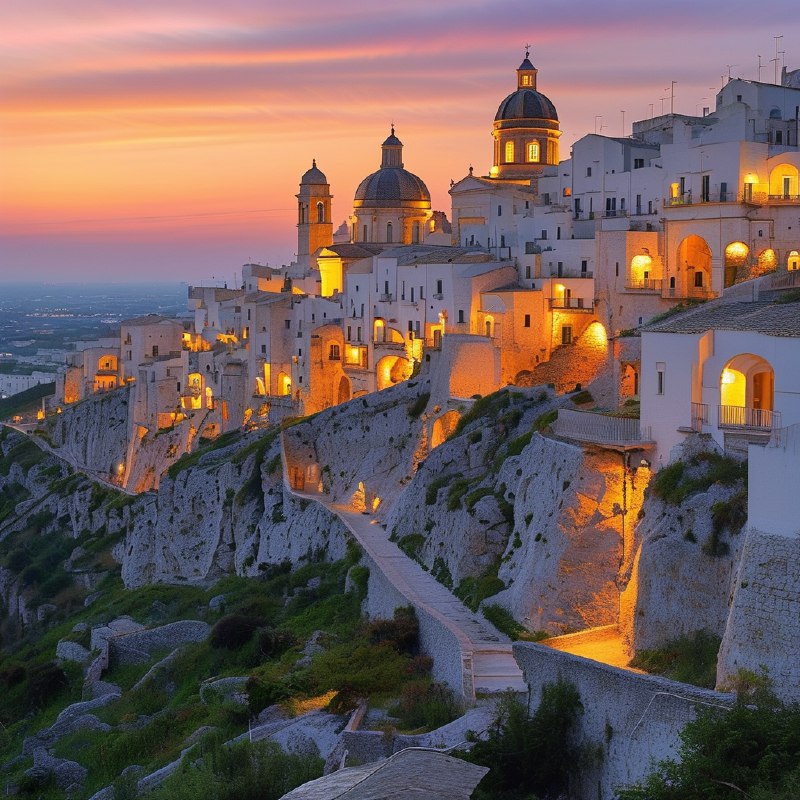 #Bing_Wallpaper“梦幻般的日落映照在意大利普利亚大区的奥斯图尼，这座被称为‘白色之城’的迷人山城，古老的白色建筑在暮色降临时沐浴在温暖的琥珀色和金色光辉中