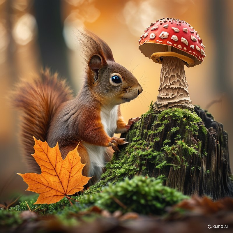 #Bing_Wallpaper一个充满奇幻氛围的秋日森林场景，一只好奇的欧亚红松鼠注视着一株高大、表面纹理丰富的毒蘑菇