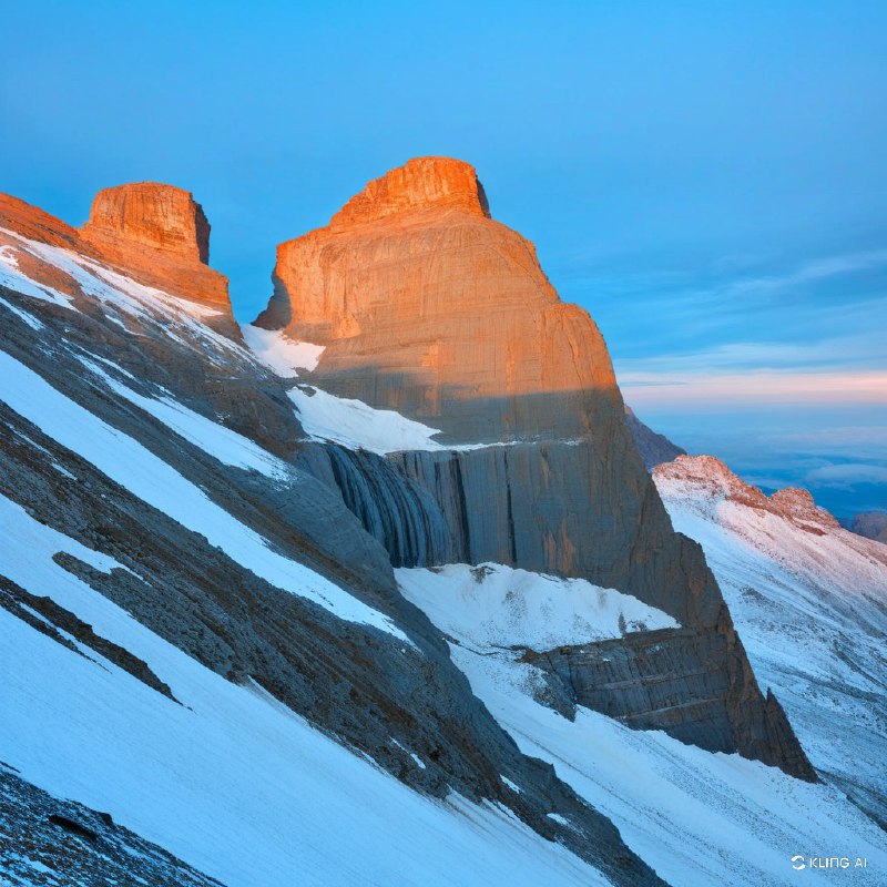 #Bing_Wallpaper黎明时分雄伟的山口，灵感来源于西班牙佩尔迪多山国家公园的罗兰多峡谷；崎岖的悬崖在日出第一缕光辉的照耀下呈现温暖的橙色色调，与寒冷的冰雪和覆盖霜冻的岩石坡面形成鲜明对比；戏剧性的天空融汇深蓝的柔和色调与微妙的灰色层次，营造出宁静却令人叹为观止的高山氛围；凹凸分明的石块、风化的岩壁以及闪耀的雪原呈现出高度细致的质感；电影感的构图，广角视野，缥缈的光线从高耸的悬崖间倾泻而下，唤起一种冒险精神和自然的宏伟之美
