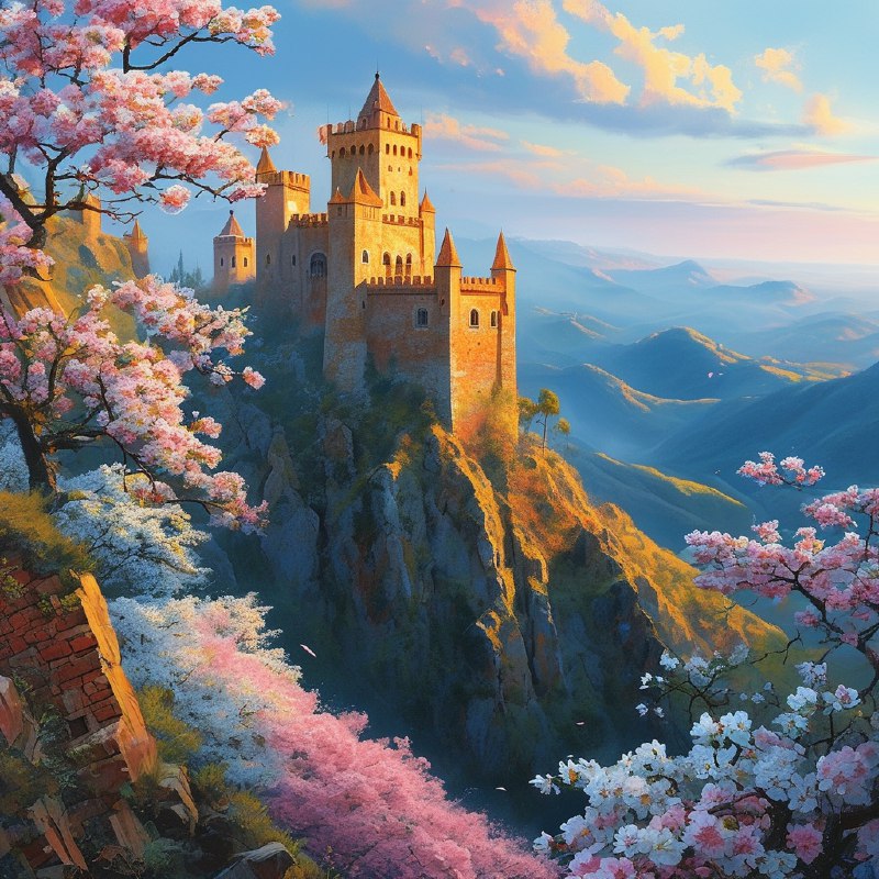 #Bing_Wallpaper“如梦似幻的西班牙城堡坐落在起伏的山丘之上，卡拉奥拉城堡由金红色的石材建成，在柔和的阳光下散发出温暖的光芒，周围是一片娇嫩盛开的粉白色樱花