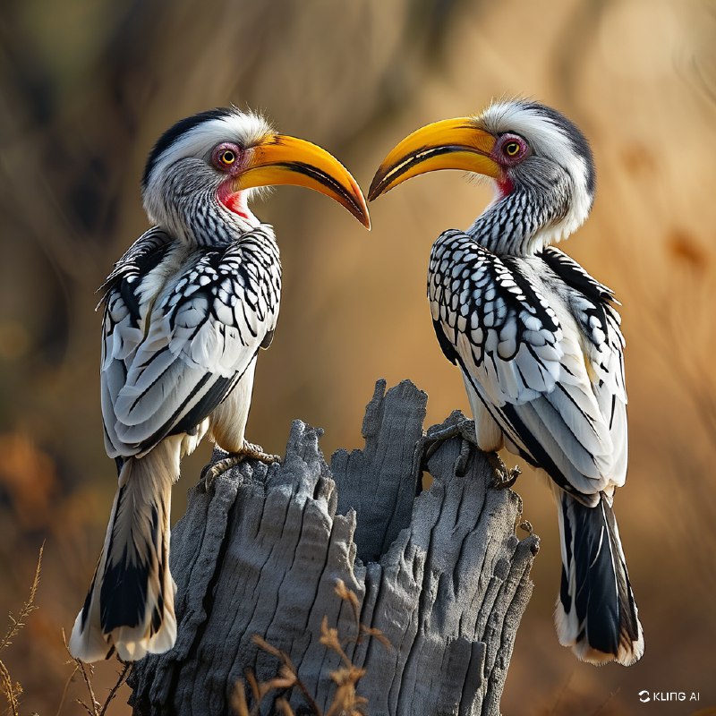 #Bing_Wallpaper两只活力十足的南方黄嘴犀鸟栖息在南非克鲁格国家公园荒野中一棵风化灰树桩的顶端