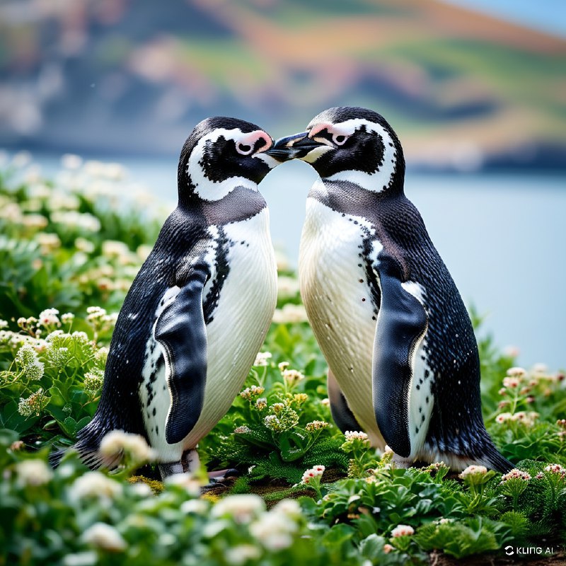 #Bing_Wallpaper两只麦哲伦企鹅并排站立，轻轻地用翅膀相扣，仿佛在温柔地拥抱着彼此