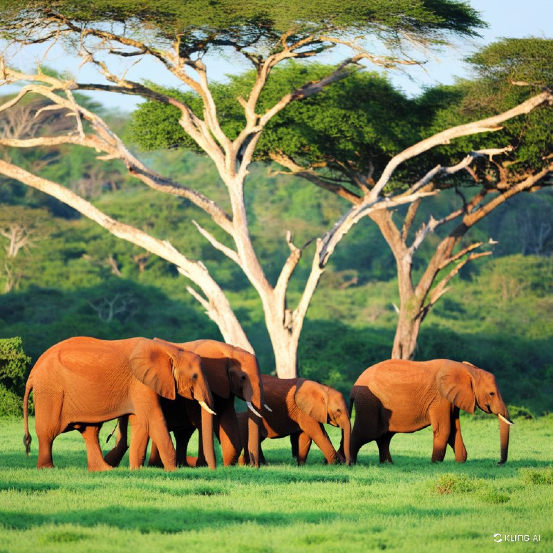 肯尼亚察沃东国家公园郁郁葱葱的平原上，非洲大象家族整齐划一地走过，呈现出一幅宁静的风景画