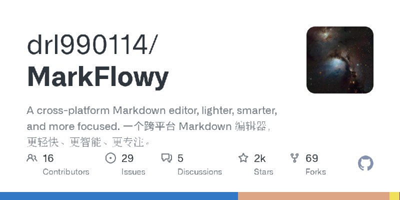 GitHub - drl990114/MarkFlowy: A cross-platform Markdown editor, lighter, smarter, and more focused. 一个跨平台 Markdown 编辑器，更轻快、更智能、更专注。