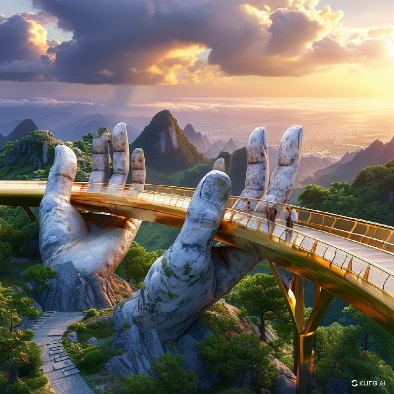 #Bing_Wallpaper“雄伟的金色桥梁由巨大的石手高高托起，优雅地矗立在越南巴拿山郁郁葱葱的绿意之间，俯瞰令人赞叹的地平线