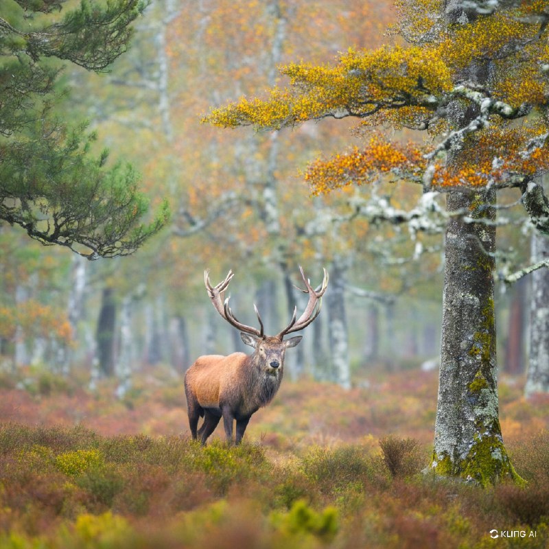 一只雄伟的红鹿伫立在苏格兰高地郁郁葱葱、雾气蒙蒙的森林中，周围是生机勃勃的秋叶和长满青苔的树木，捕捉到了大自然宁静而野性的美