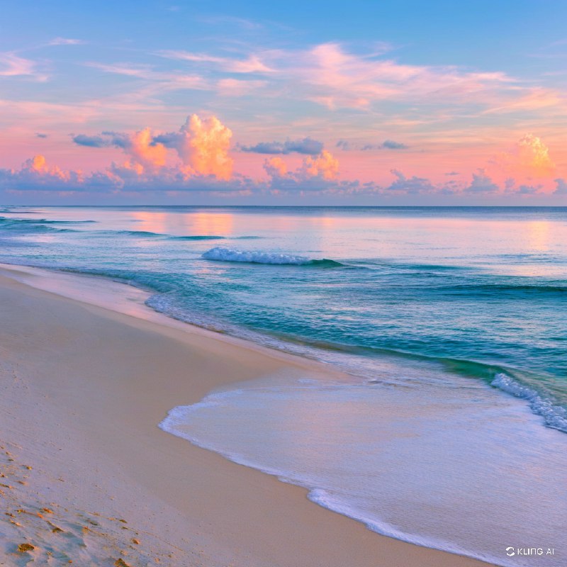 佛罗里达州海湾群岛国家海岸，日出时分的宁静海滩，天空中柔和的粉色和橙色倒映在水面上，轻柔的海浪拍打着沙滩，蓬松的云朵在头顶飘荡，宁静祥和的氛围