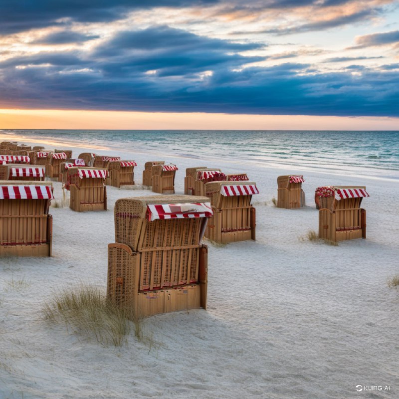 #Bing_Wallpaper波罗的海海滩日落的田园风光，展现了一排排传统的藤编沙滩椅，上方覆盖着红白条纹的顶篷，整齐地摆放在洁白无瑕的沙滩上