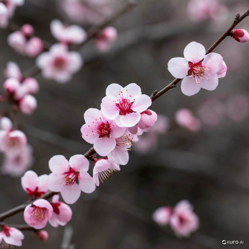 #Bing_Wallpaper盛开的娇嫩梅花，柔粉色的花瓣散发出优雅与精细的魅力，点缀在纤细的深棕色枝条上