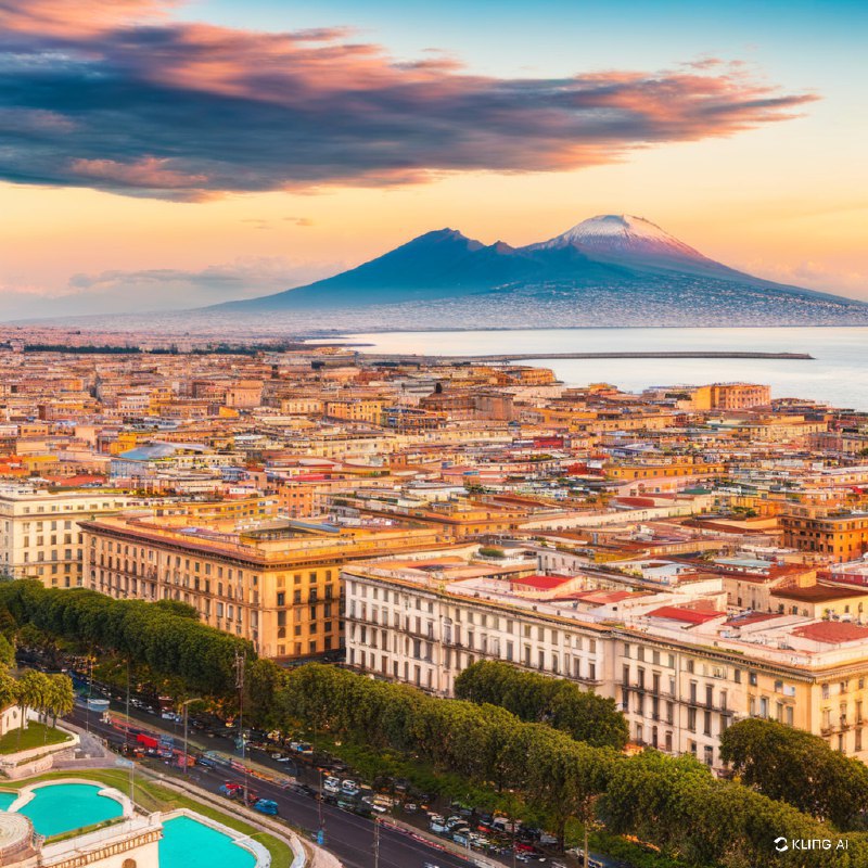 #Bing_Wallpaper“意大利那不勒斯湾的全景生动地展现在眼前，沐浴在夕阳天空温暖的金色光辉中