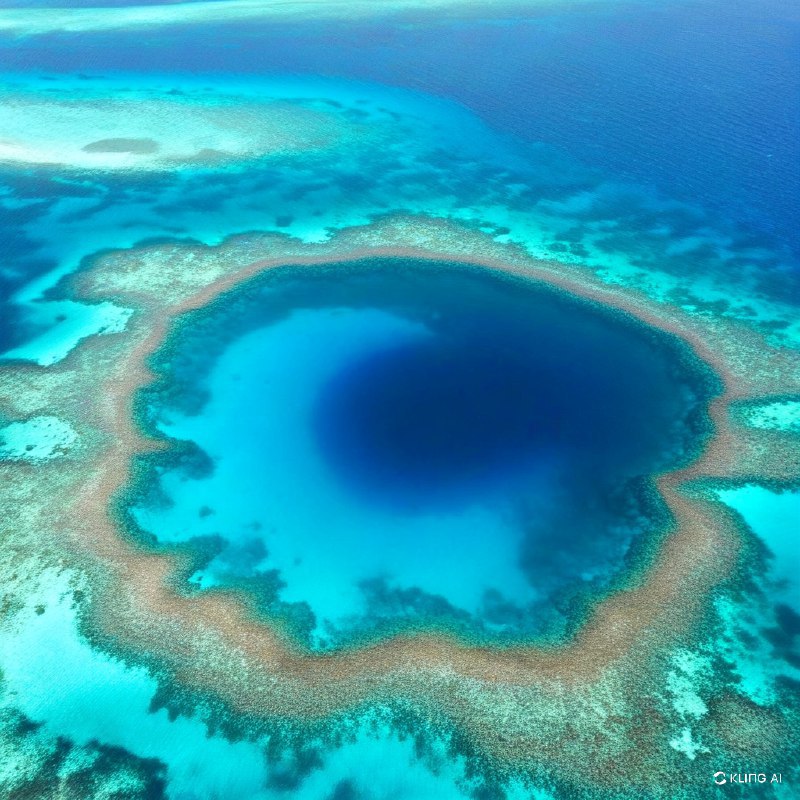 #Bing_Wallpaper“一幅令人叹为观止的俯瞰图展现了伯利兹的大蓝洞——一个巨大的水下天坑，被生机勃勃的珊瑚礁环绕