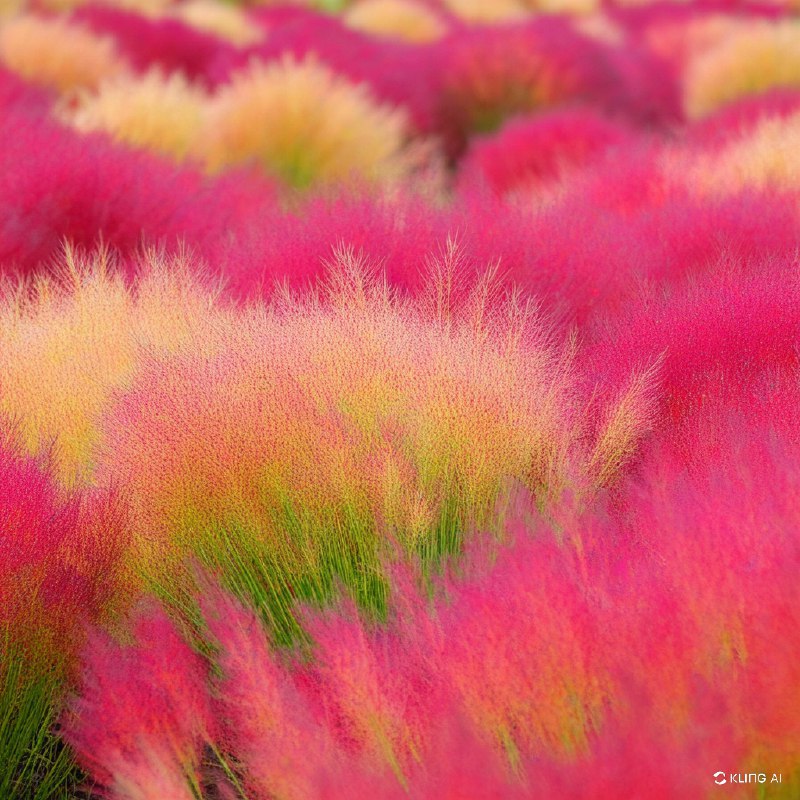 日本茨城县筑成市，一片生机勃勃的 Kochia scoparia 田野，呈现出浓郁的红色和橙色，秋高气爽，微风轻拂，自然景观