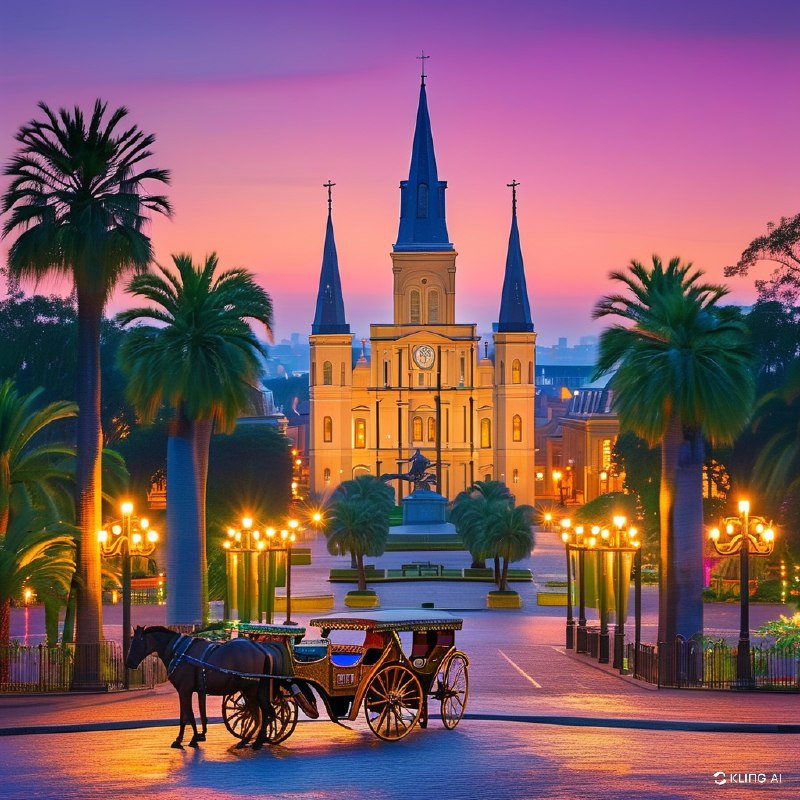 #Bing_Wallpaper"在路易斯安那州新奥尔良热闹的狂欢节庆典中，壮丽的杰克逊广场呈现出迷人的景象，辉煌灯光照耀下的圣路易斯大教堂以其标志性的尖塔矗立其中，被茂密的绿树和历史悠久的建筑映衬