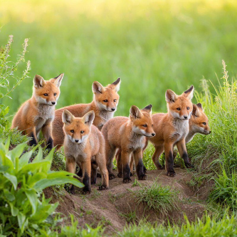 #Bing_Wallpaper一群顽皮的红狐狸幼崽在它们泥土色的巢穴附近嬉戏，周围环绕着茂密的青草和柔软的野生植物