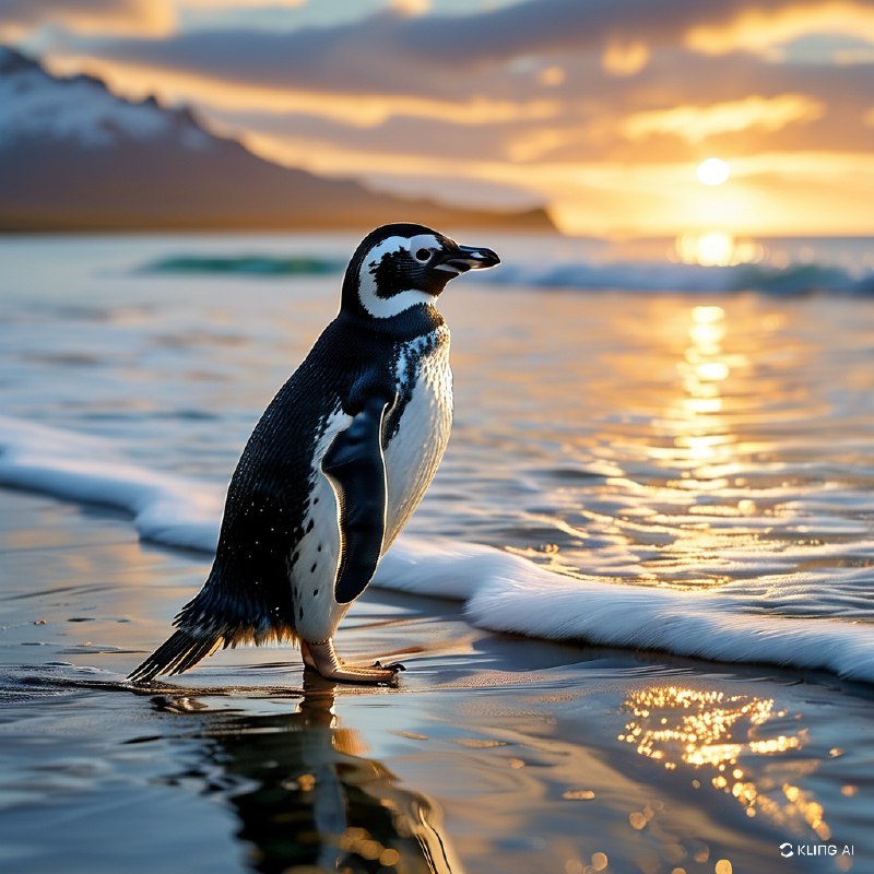 #Bing_Wallpaper“麦哲伦企鹅仿佛穿着天然的黑白‘燕尾服’，优雅地沿着福克兰群岛志愿者点那条闪闪发光、沐浴在金色晨光中的海岸线踱步