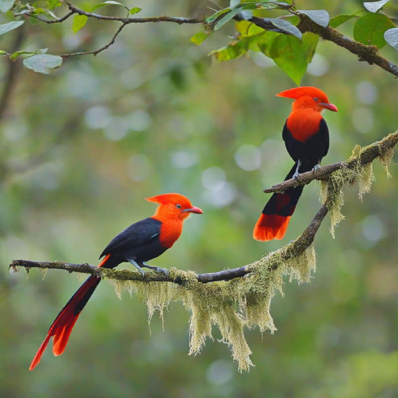 #Bing_Wallpaper两只色彩鲜艳的安第斯岩鸡栖息在厄瓜多尔茂密而雾气缭绕的雨林中，它们引人注目的红橙色羽冠在裹满苔藓的树枝和背景中模糊的绿色与棕色衬托下熠熠生辉