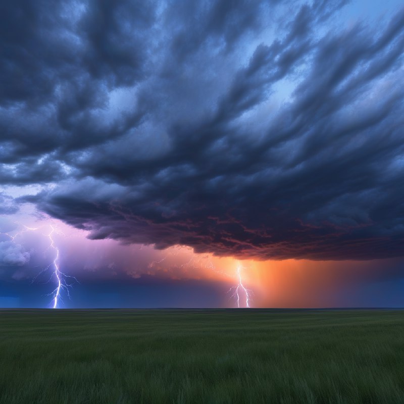 #Bing_Wallpaper“在日落时分，内布拉斯加州宽广的平原上，一场壮丽的雷暴正肆虐