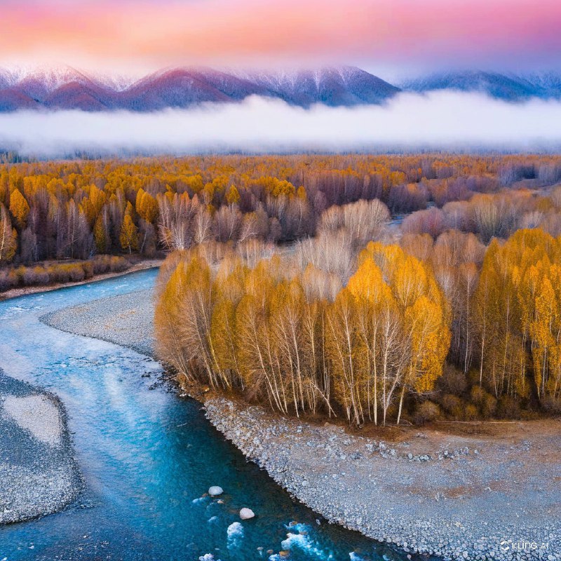 中国新疆禾木村的秋景令人叹为观止，色彩鲜艳，河岸两旁的树木金黄，河水宁静，雾气缭绕，柔和的粉紫色天空，自然之美，景色静谧