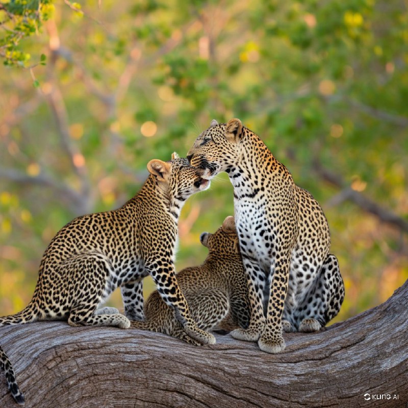 #Bing_Wallpaper“在博茨瓦纳贾奥自然保护区茂密的绿色荒野中，一只母豹正温柔地为她那顽皮的小豹梳理毛发，二者优雅地栖息在一棵粗壮而沧桑的树干上，构成了一幅宁静而暖心的画面