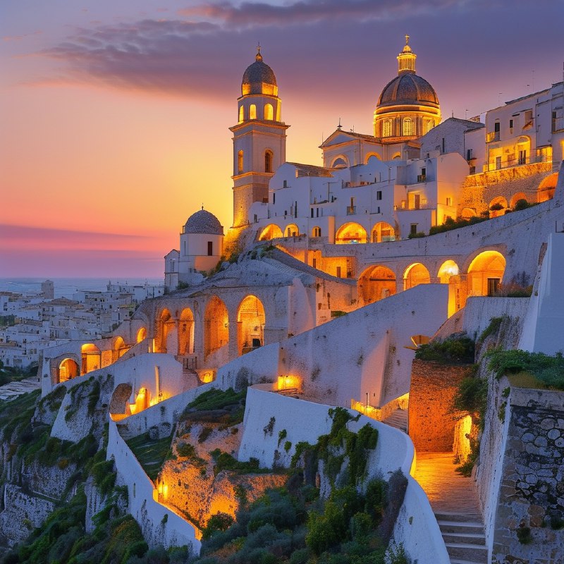#Bing_Wallpaper“梦幻般的日落映照在意大利普利亚大区的奥斯图尼，这座被称为‘白色之城’的迷人山城，古老的白色建筑在暮色降临时沐浴在温暖的琥珀色和金色光辉中