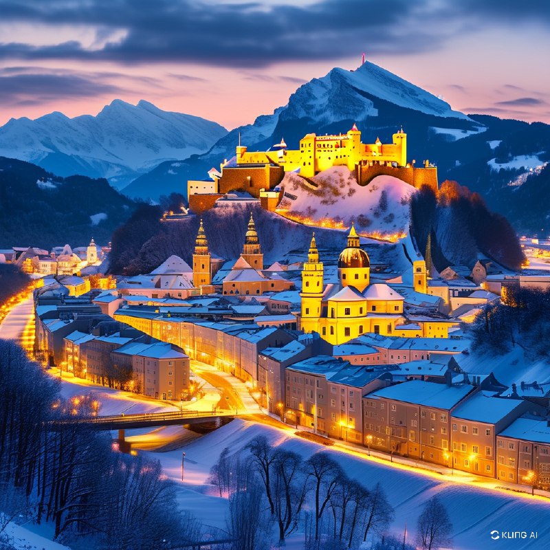 #Bing_Wallpaper奥地利萨尔茨堡梦幻的冬季夜晚，街道闪烁迷人，山峰结霜