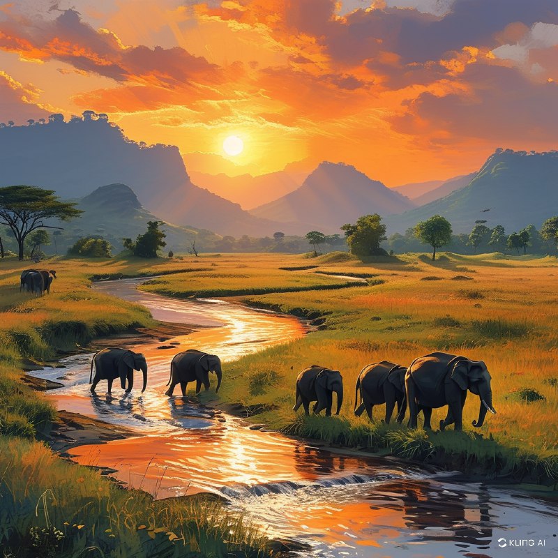 #Bing_Wallpaper壮观的一群大象漫步于印度吉姆·科贝特国家公园，夕阳将天空染成橙色，为大地披上温暖的色调