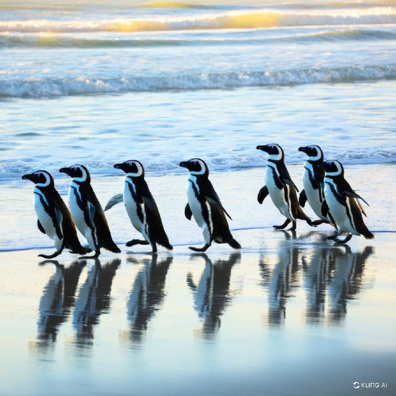 #Bing_Wallpaper“麦哲伦企鹅仿佛穿着天然的黑白‘燕尾服’，优雅地沿着福克兰群岛志愿者点那条闪闪发光、沐浴在金色晨光中的海岸线踱步