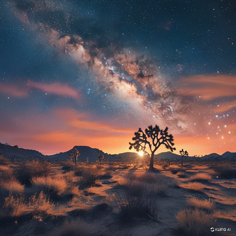 #Bing_Wallpaper在加利福尼亚荒野中，一片超凡脱俗的沙漠景观笼罩在迷人的银河光辉之下，天空中星辰繁密，色彩斑斓，弧形的银河壮丽地跨越在剪影般的约书亚树上方